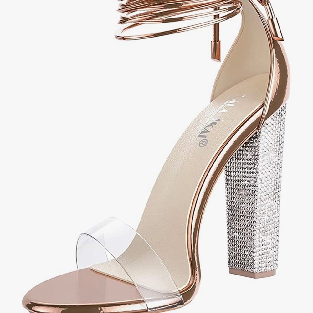 Women’s Gold High Heels Sandals with Rhinestone Ankle Strappy Clear Chunky Heels